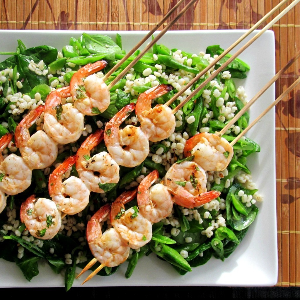 Sugar Snap And Barley Salad With Spicy Grilled Shrimp