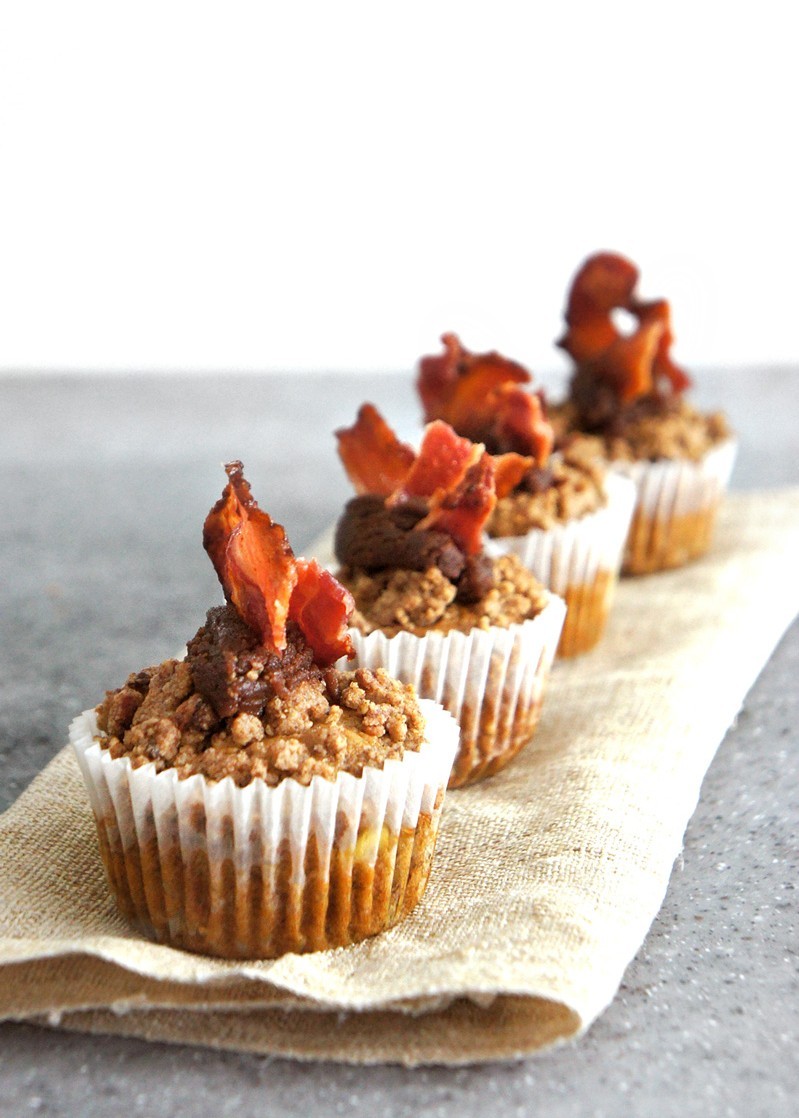 Banana Muffins with Peanut Butter and Bacon Streusel