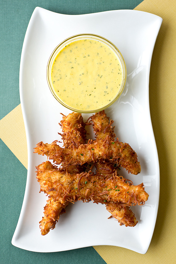 Coconut Crunch Chicken Strips with Creamy Honey-Mango Dipping Sauce