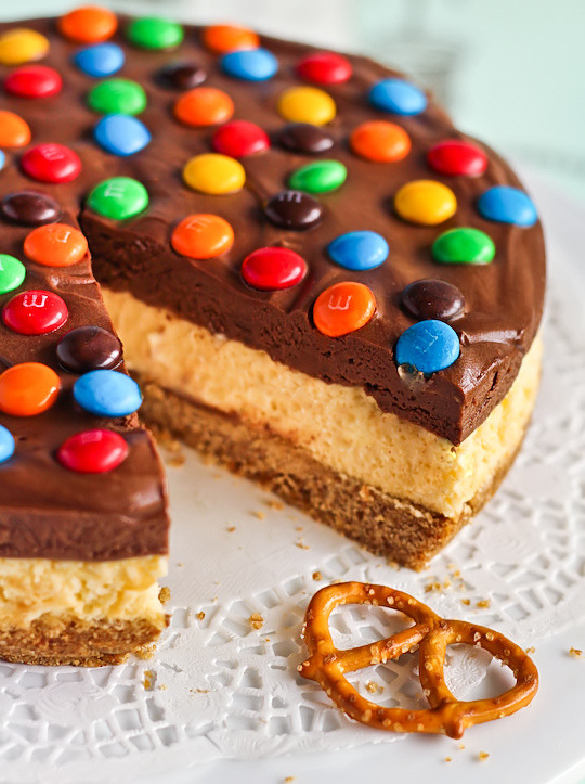 Recipe: M&M Chocolate Mousse Cheesecake with a Salted Pretzel Crust
