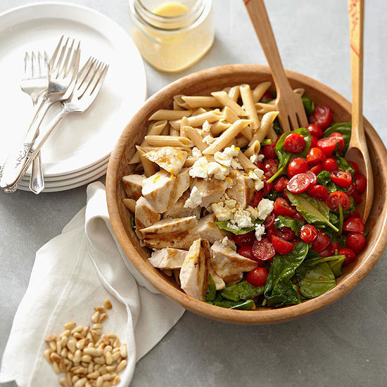 Pasta with Chicken, Spinach, Tomatoes, and Feta Cheese
