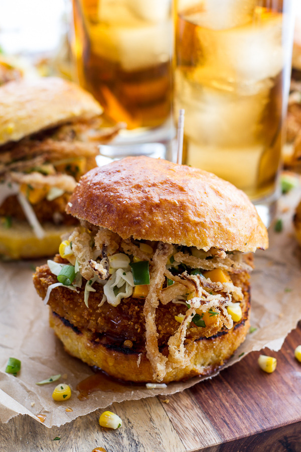 Oven-Fried Chicken Burgers with Jalapeno Cheddar Corn Slaw