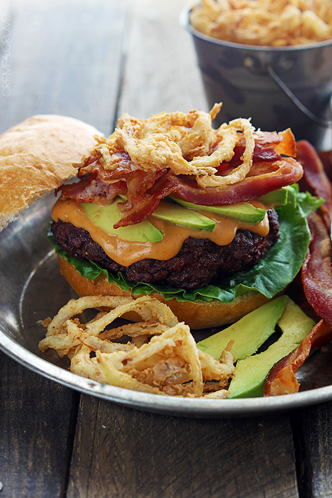 Bacon Burgers with BBQ Mayo and Onion Strings