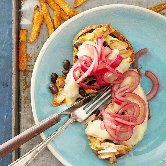 Cuban Pork and Black Bean Melts with Mustard Dressing and Pickled Red Onions