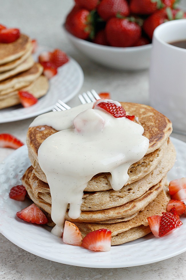 Strawberry Vanilla Bean Pancakes with Mascarpone Syrup